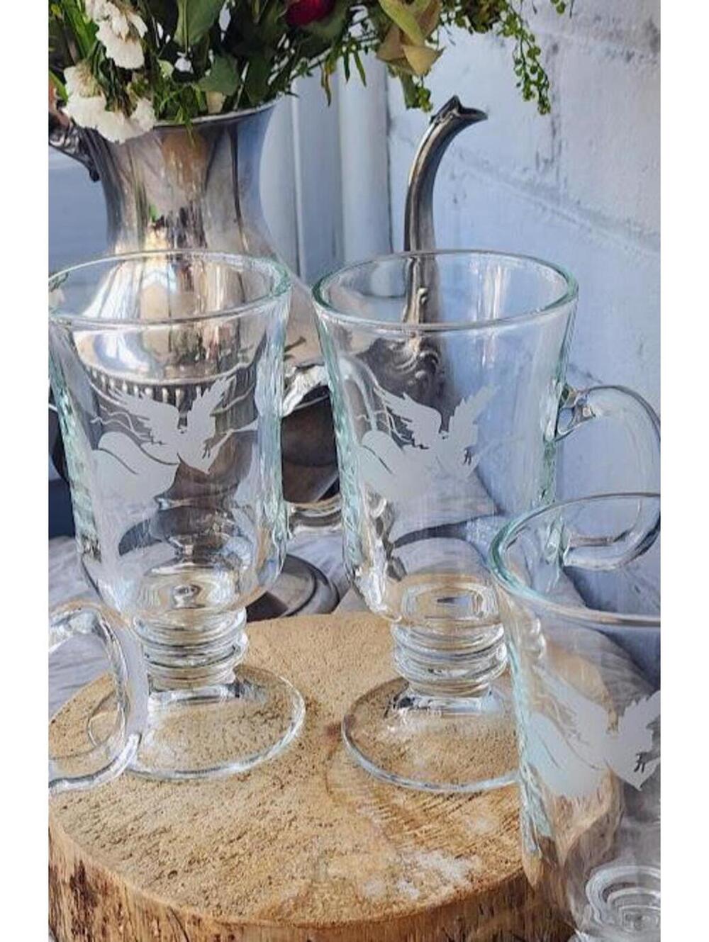 Vintage Irish Coffee Glass Mugs Set of 4 | Etched Glass Footed Mugs